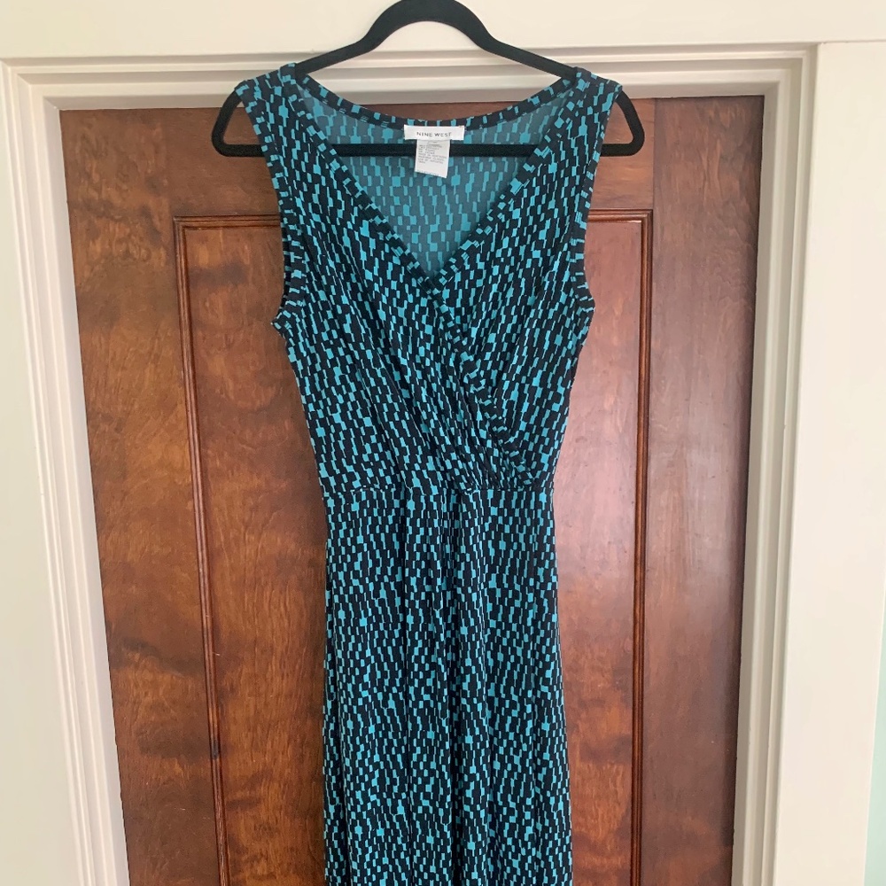 Nine West Turquoise & Black Sleeveless Faux Wrap Midi Dress with Sash, Size S